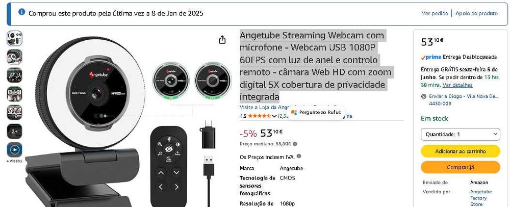 Angetube Streaming Webcam com microfone - Webcam USB 1080P 60FPS com luz de anel e controlo remoto - câmara Web HD com zoom digital 5X