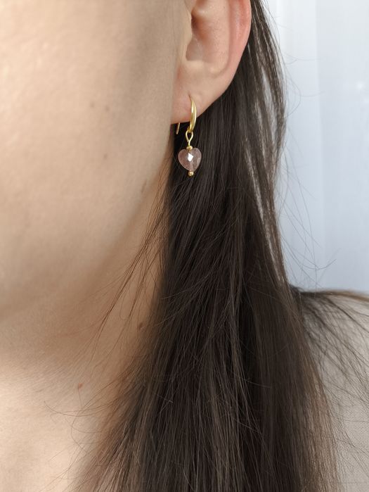 Kolczyki srebro 925 , serce,naturalny kwarc truskawkowy