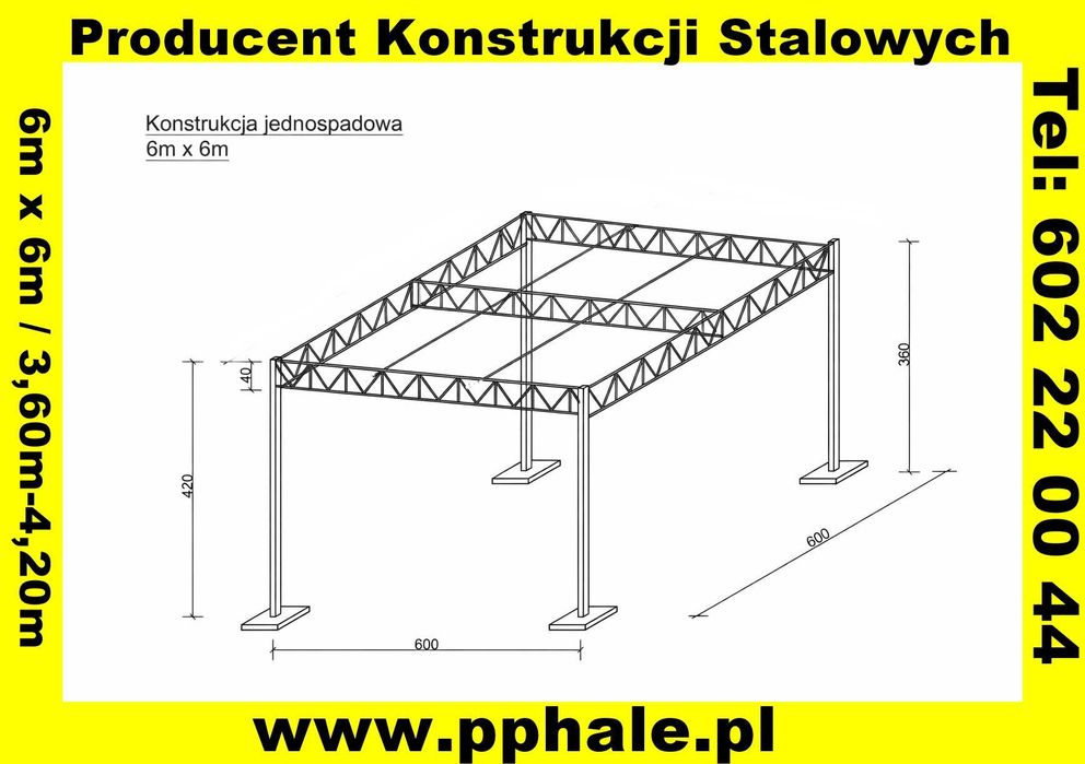 Konstrukcja Stalowa 6x6 - Wiata Garaż Magazyn Carport - Nowa i Solidna
