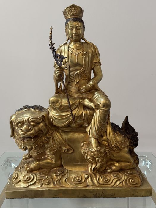 Klasa Muzealna Rzadka Wielka Rzeźba Sakralna Manjushri Monjushri na Lwie Shishi Złocenie Ogniowe Brąz Edo Qing Inskrypcja Ming Unikat na skalę świata