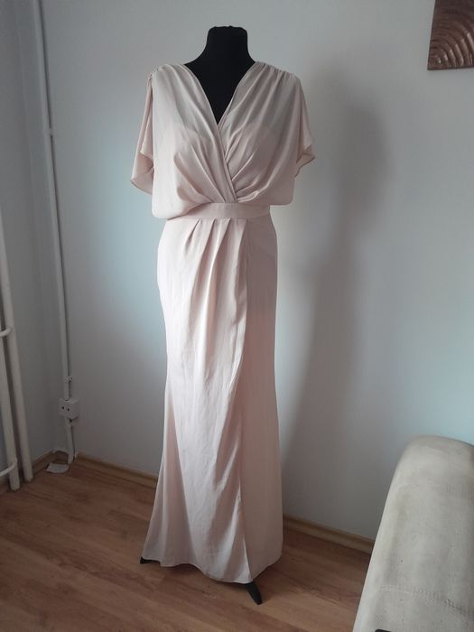 Długa maxi sukienka pudrowy róż elegancka XS 34