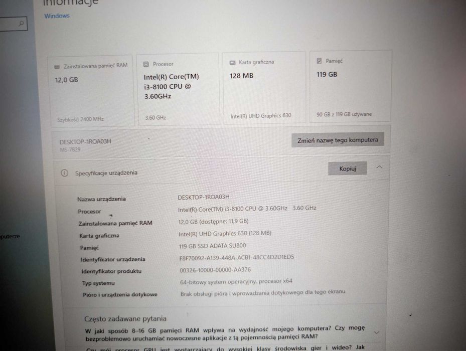 Zestaw komputerowy Intel i3-8100 | 12 GB RAM | SSD | ASUS 24" | Windows 10 | Gotowy do pracy