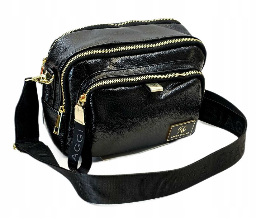 Laura Biaggi torebka damska listonoszka skórzana lakierowana czarna