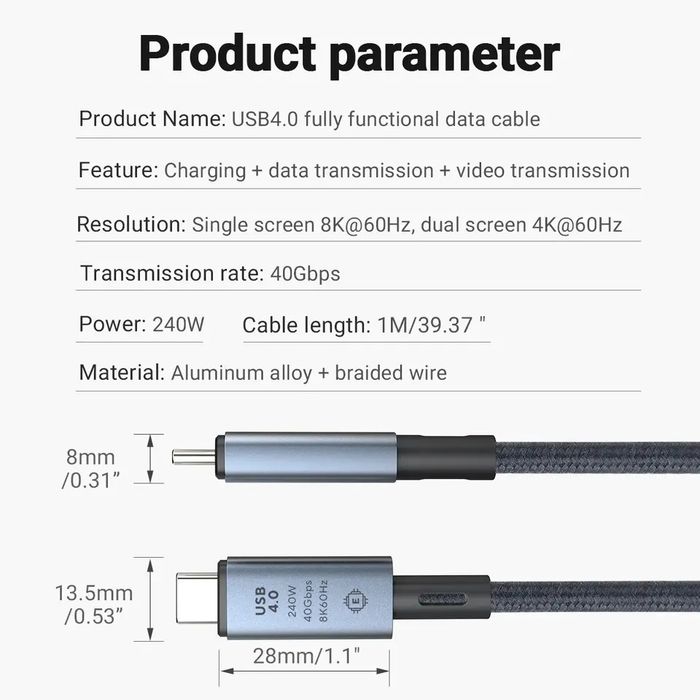 USB4.0 Kabel C na C 40GB/s 8K 240Wat 1metr w oplocie.