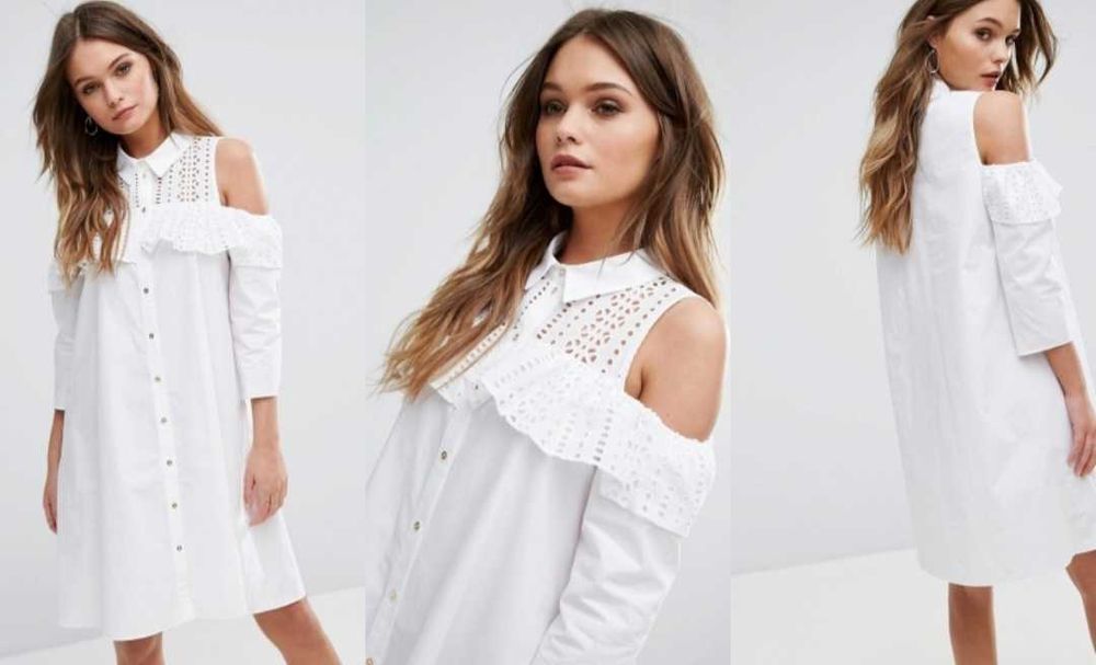 Biała sukienka S/M River Island koszulowa ażurowa