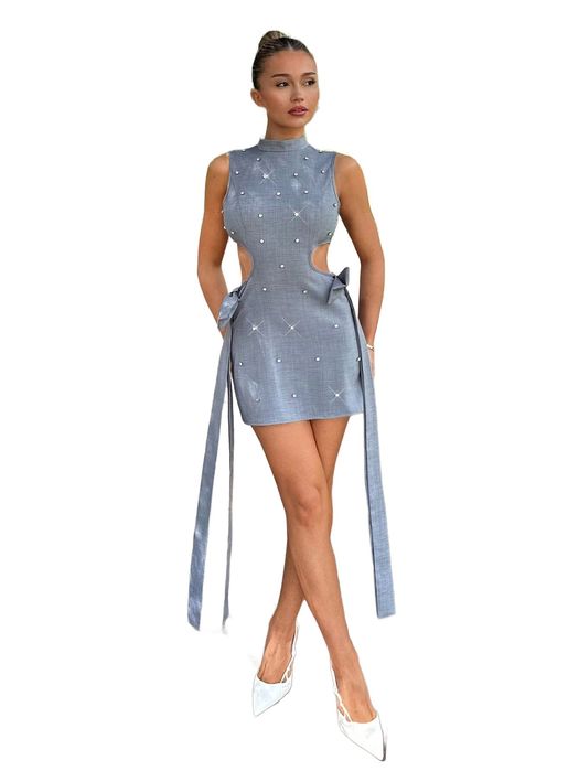 Szara mini sukienka elegancka wesele z kokardami i cyrkoniami s 1la