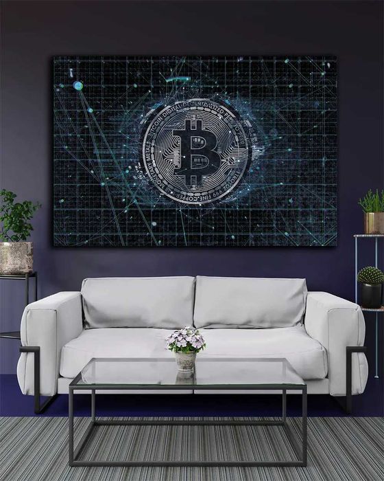 Картина в офіс - Bitcoin Blue Glitch - 60х90 см