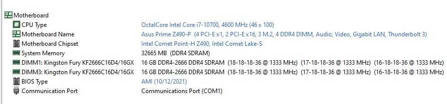 Intel Core i7-10700 + Asus Prime Z490-P + 2x16Gb DDR4 Kingston Fury