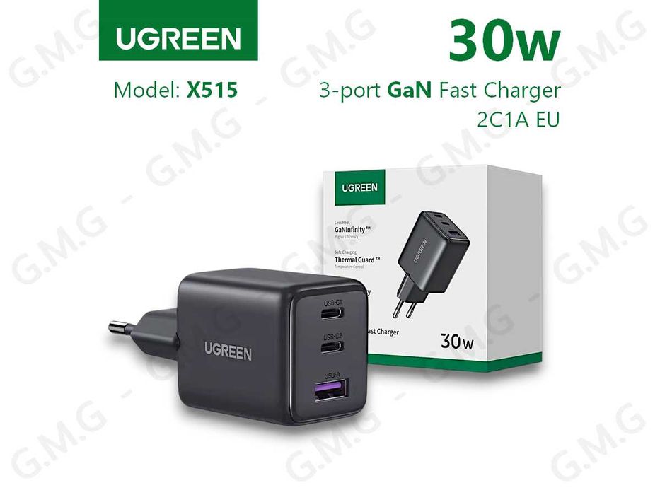 Зарядний пристрій UGREEN 30W 3-port GaN Fast Charger 2C1A EU (X515)