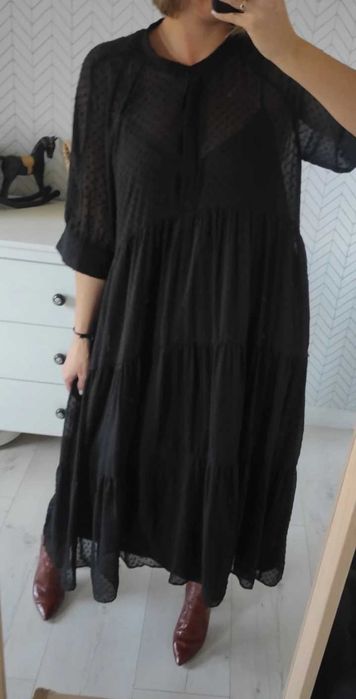 Zara czarna dluga szyfonowa sukienka w stylu boho oversize M/L
