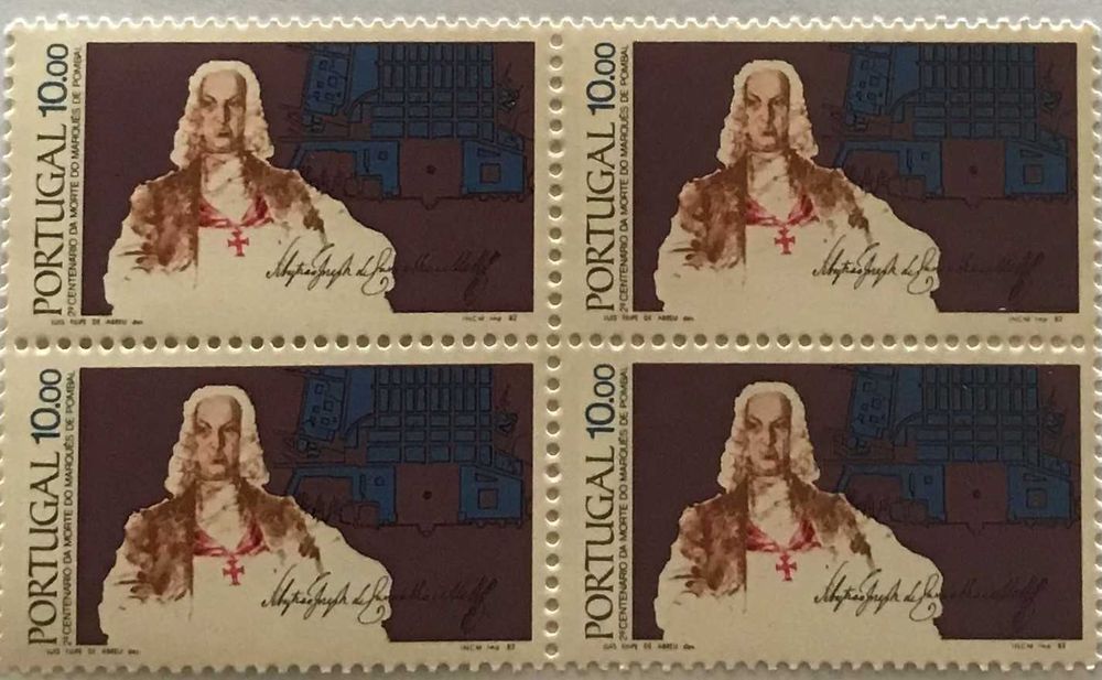 Quadra de selos novos de 10$00 - 2. cent. morte Marquês de Pombal-1982