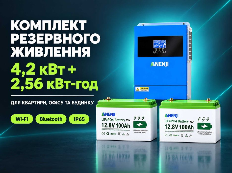 Комплект резервного живлення 4,2 кВт Anenji Wi-Fi + 2 акумулятори LiFePO4 2,56 кВт·год Bluetooth ДБЖ для квартири та офісу