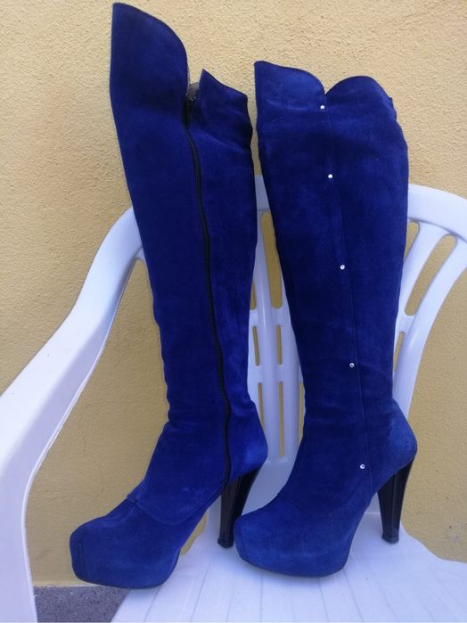 Blue Suede High-Heeled Boots
