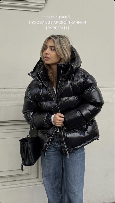 Куртка лаковая глянцевая зимняя блестящая пуховик черный strong_clo