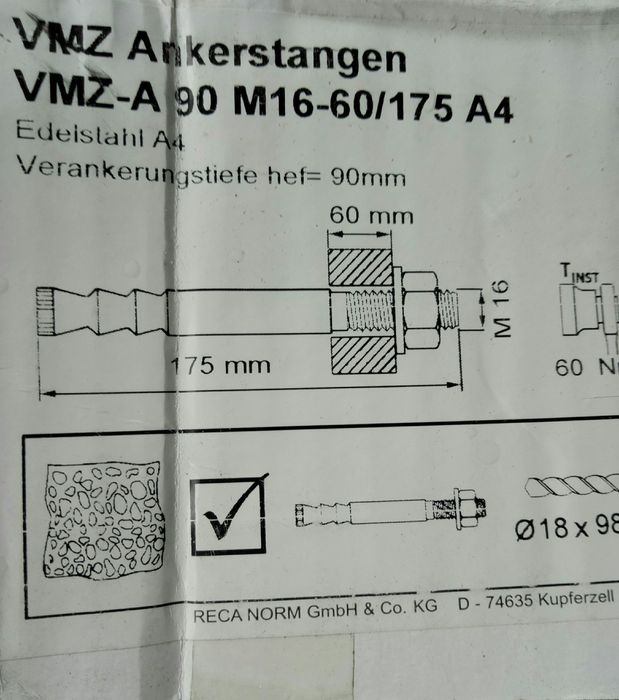 Анкер М16*175 нерж. сталь А4