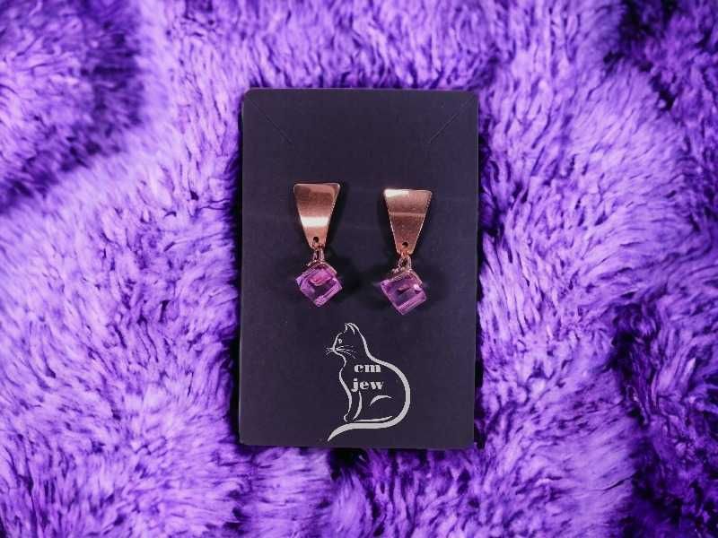Golden Steel Earrings with Purple Cubic Zirconia - New
