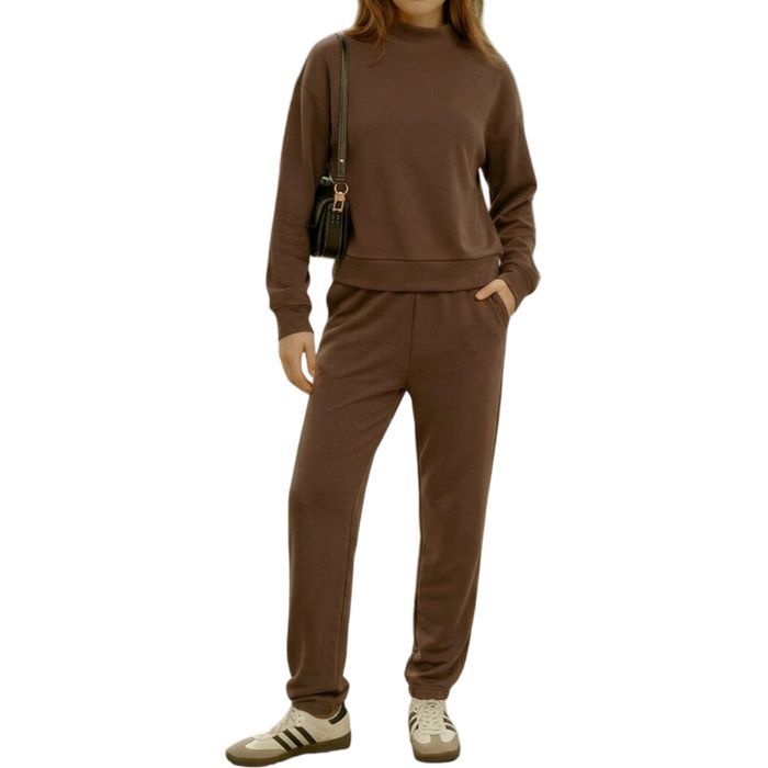 Damski komplet dresowy Premium - bluza golf, joggery, brąz XXL