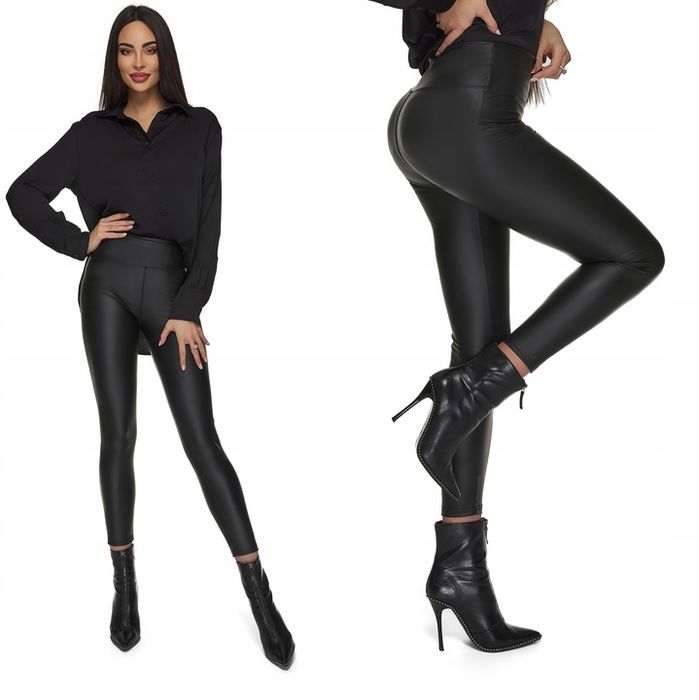 Leginsy Latex Matowe Eko Skóra Spodnie Wysoki Stan