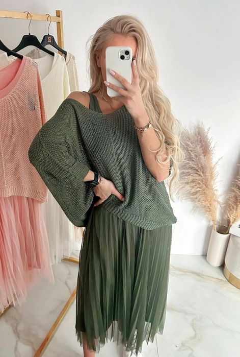 Sweter+sukienka, gładkie, Oversize