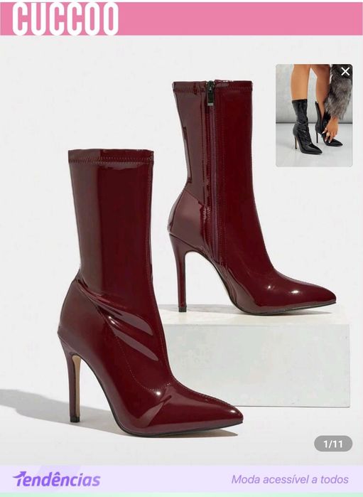 Bota cano curto brilhante bico fino e salto