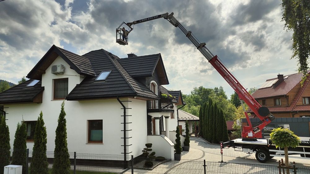 Dźwig dekarski 32m plus zwyżka, chwytak do dachówki, stół polaciowy