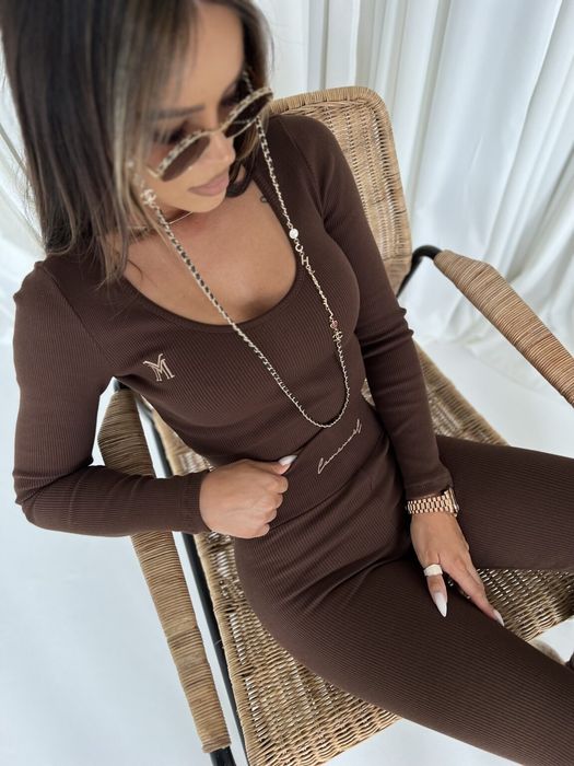 Komplet FEARLESS czekoladowy LA MANUEL top+legginsy czekolada S i M