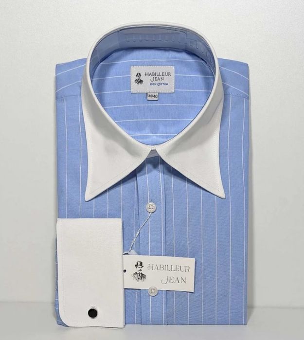 Мужская сорочка. ВЫСОКИЙ, благородный, солидный ВОРОТ!!! Point Italian Collar! Истинная классика 1940х! Light Blue Striped. Торга НЕТ!