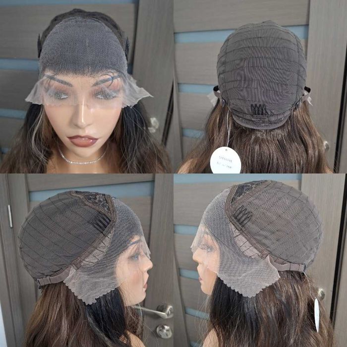 Długa czekoladowa peruka z ombre i blond pasemkami na siateczce