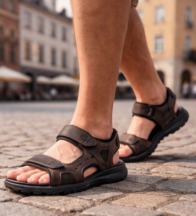 Sandały męskie skórzane CY145 brązowe na rzepy rozmiar: 45