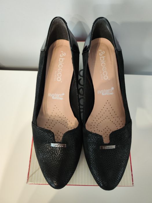 Skórzane czółenka buty na klocku bioeco czarne jak nowe obcas 4.5 cm