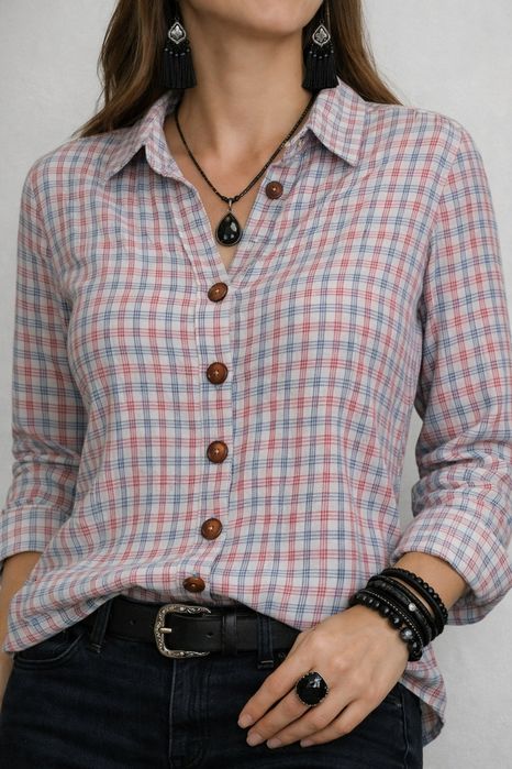 Camisa vintage de padrão xadrez miúdo / Blusa casual multicolor -  Gorei - Tamanho XL