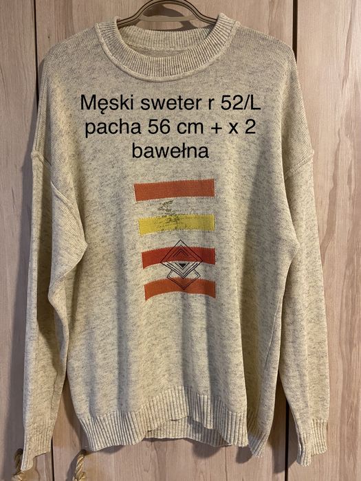 Męski sweter rozm 52/ L beżowy wzor bawełna crewneck Vintage y2k
