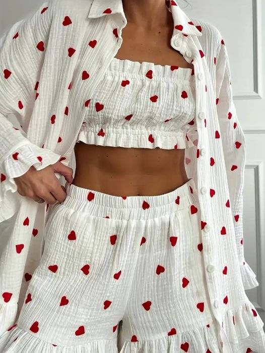 Комплект костюм с шортами женский муслин с сердечками