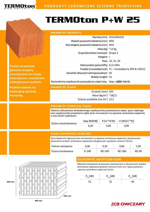 Pustak cegła ceramiczna 25 P+W Termoton Owczary bloczek ścienny 25cm kl.15 + dostawa Kocmyrzów