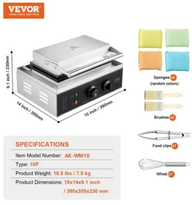 Máquina de Waffles Comercial VEVOR, 10 Unidades, Retangular, 1550W
