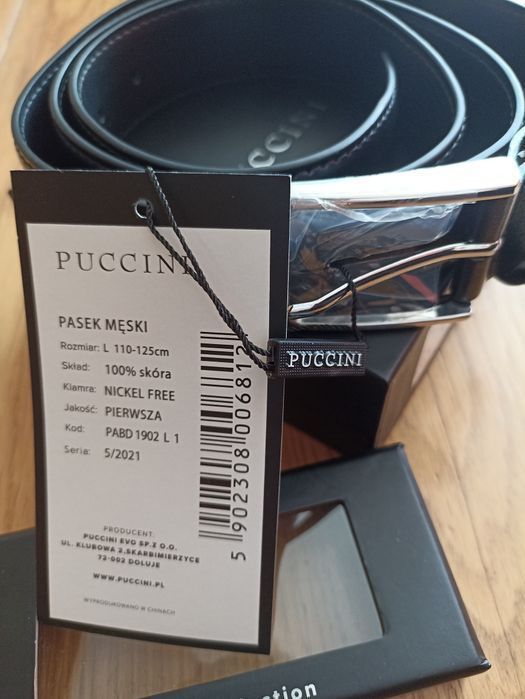 Pasek Puccini męski skóra 110-125cm czarny Nowy w eleganckim pudełku