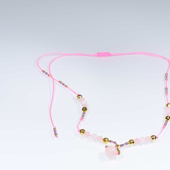 Naszyjnik Makrama neon bezwarunkowa miłość kwarc różowy, hematyt