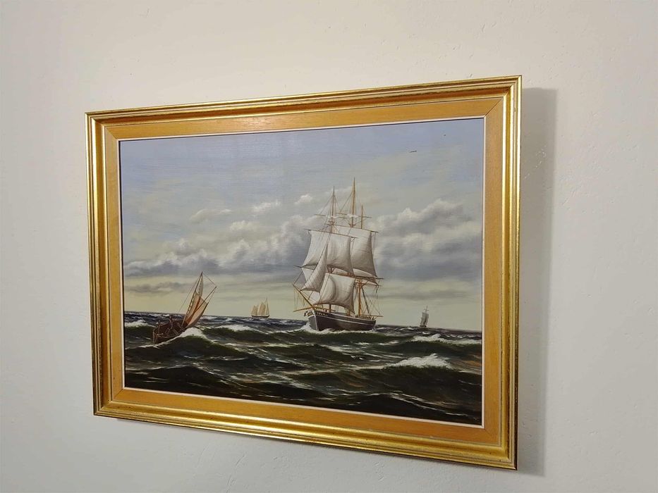 Stary obraz na płótnie marynistyka.