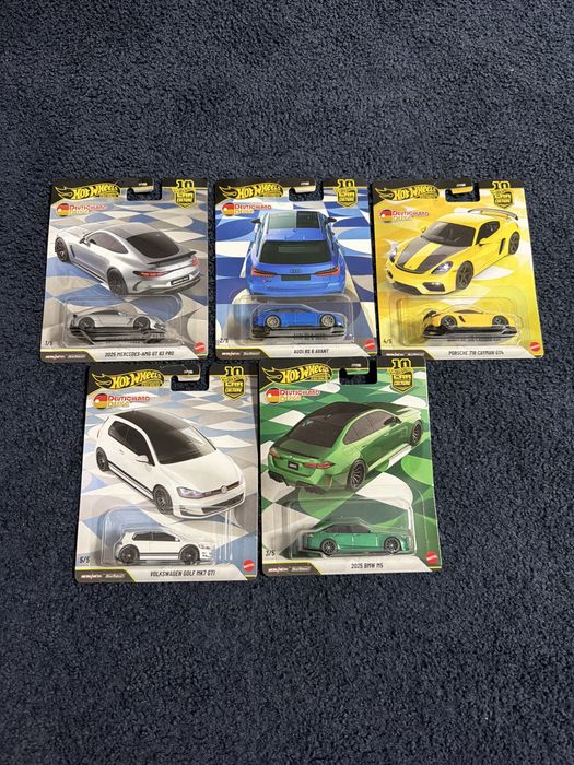 Hot wheels premium set 5 sztuk deutschland design mercedes-amg audi rs 6 porsche 718 cayman vw golf mk7 gti bmw m5