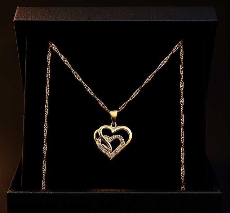 (Zestaw) Walentynki Prezent Miś z róź, Złoty Naszyjnik SERCE 925/585