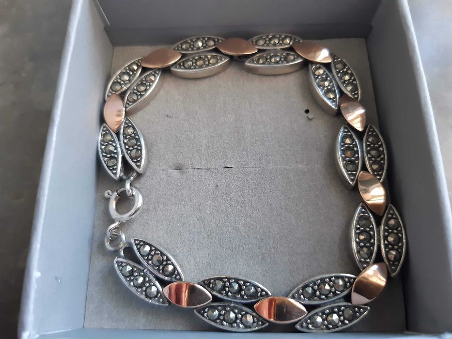 Pulseira prata contrastada, marcassites e ouro, NOVA