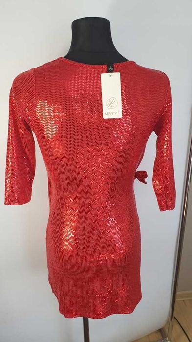 Elegancka Wizytowa Błyszcząca SUKIENKA w Cekiny rozmiar m/L czerwona