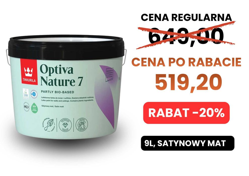Tikkurila Emulsja Optiva Nature Satynowy Mat 7 baza 9L, wyprzedaż OKAZJA