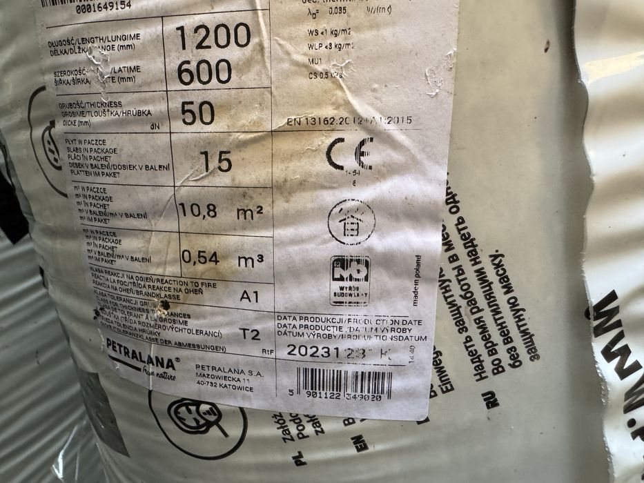 Wełna PETRALIGHT 0,035 PŁYTY 1200x600x50mm