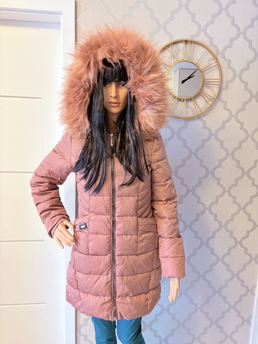 Długa ciepła kurtka płaszcz zimowy casual glamour futerko terranowa S viral