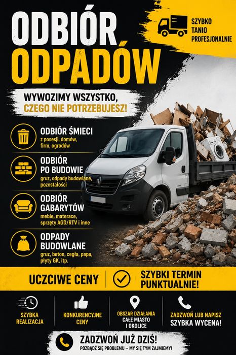 Wywóz odpadów budowlanych odbiór śmieci gruzu mebli utylizacja papy styropianu sprzątanie działek ROD posesji strychów piwnic tanio kontenery kontener