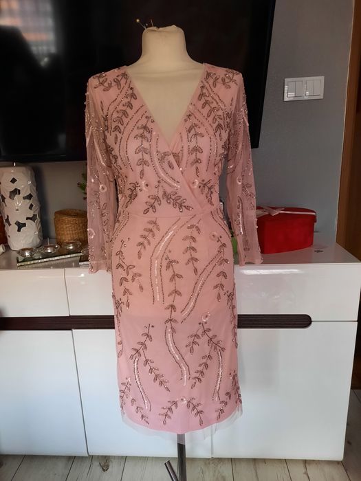 Bogato zdobiona sukienka z siateczki M,wesele, impreza