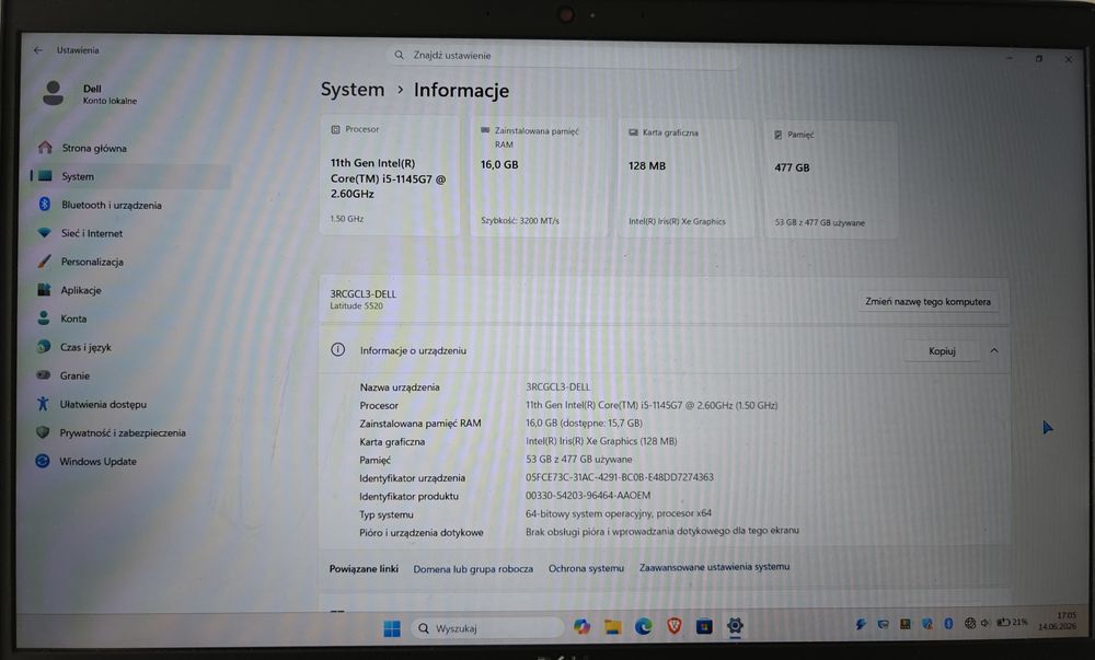 Laptop Dell Latitude 5520 16/512GB i5 1145G7 komputer  windows 11 PRO