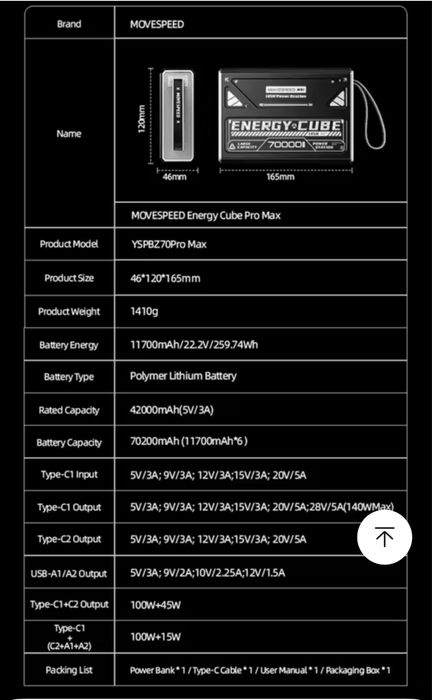 MOVESPEED Z70 Pro Max 70000mAh 100W Professional Outdoor Power Bank