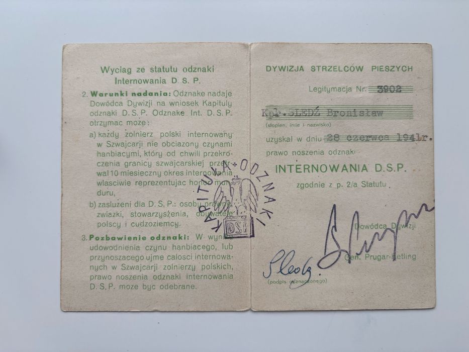 Odznaka Internowania 2 Dywizja Strzelców Pieszych + legitymacja